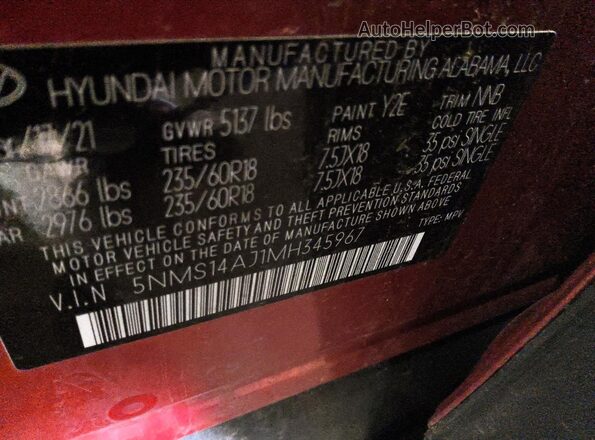 5NMS14AJ1MH345967 2021 HYUNDAI SANTA Red Առջևի վահանակի տեսք