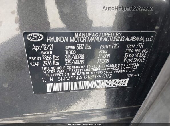 5NMS14AJ2MH354872 2021 HYUNDAI SANTA FE Gray Вид підкапотного простору