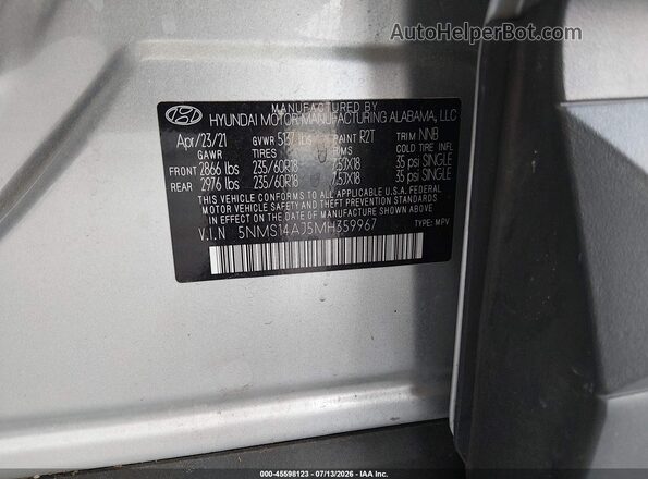 5NMS14AJ5MH359967 2021 HYUNDAI SANTA FE Silver Вид підкапотного простору