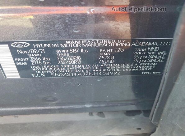 5NMS14AJ7NH408992 2022 HYUNDAI SANTA Gray Vista de la etiqueta del VIN