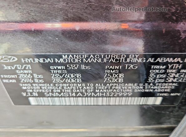 5NMS14AJ9MH322999 2021 HYUNDAI SANTA Gray VIN կոդի պիտակի տեսք