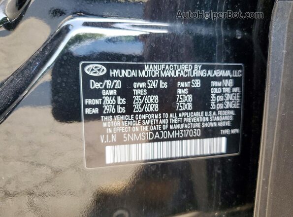 5NMS1DAJ0MH317030 2021 HYUNDAI SANTA Black VIN կոդի պիտակի տեսք