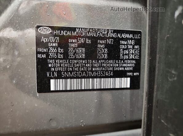 5NMS1DAJ1MH352434 2021 HYUNDAI SANTA Серый Вид наклейки с VIN-кодом