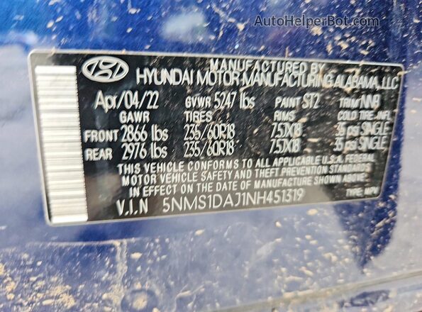 5NMS1DAJ1NH451319 2022 HYUNDAI SANTA Blue Սալոնի 360 աստիճան տեսք