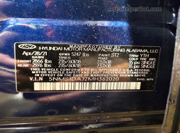 5NMS1DAJ2MH362020 2021 HYUNDAI SANTA Blue Սալոնի 360 աստիճան տեսք