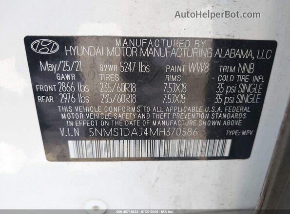 5NMS1DAJ4MH370586 2021 HYUNDAI SANTA FE White Widok komory silnika