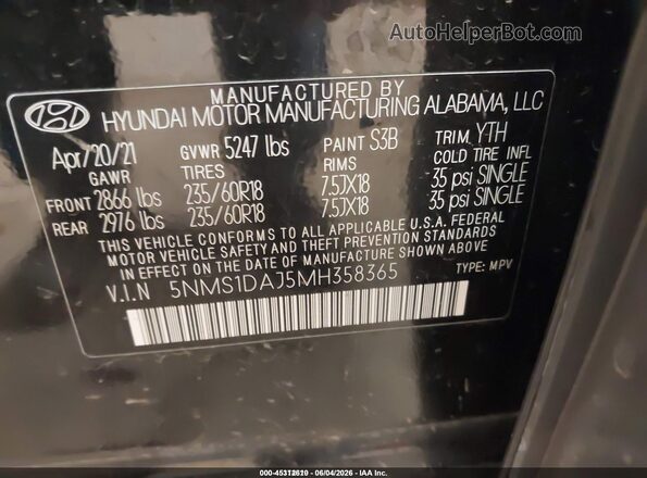 5NMS1DAJ5MH358365 2021 HYUNDAI SANTA FE Black Engine compartment view