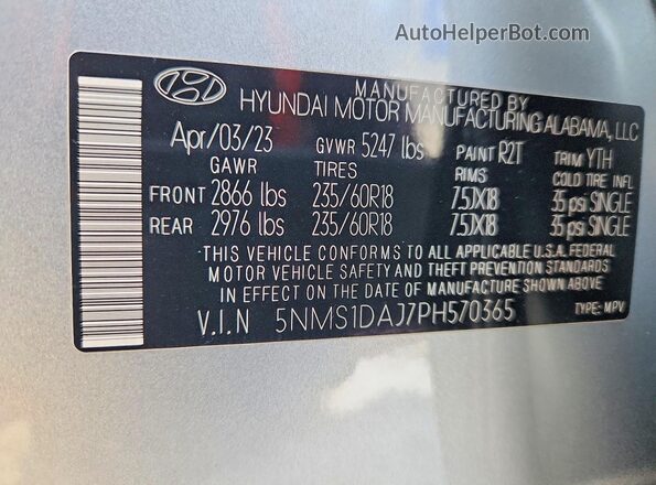 5NMS1DAJ7PH570365 2023 HYUNDAI SANTA Silver Vista interior de 360 grados