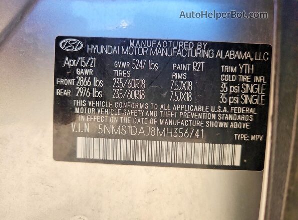 5NMS1DAJ8MH356741 2021 HYUNDAI SANTA Silver Vista del compartimento del motor
