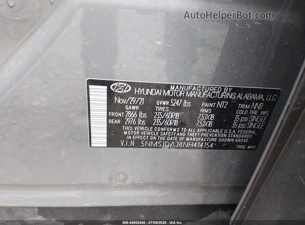 5NMS1DAJ8NH414154 2022 HYUNDAI SANTA FE Gray Widok komory silnika