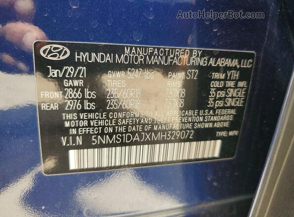 5NMS1DAJXMH329072 2021 HYUNDAI SANTA Blue VIN կոդի պիտակի տեսք