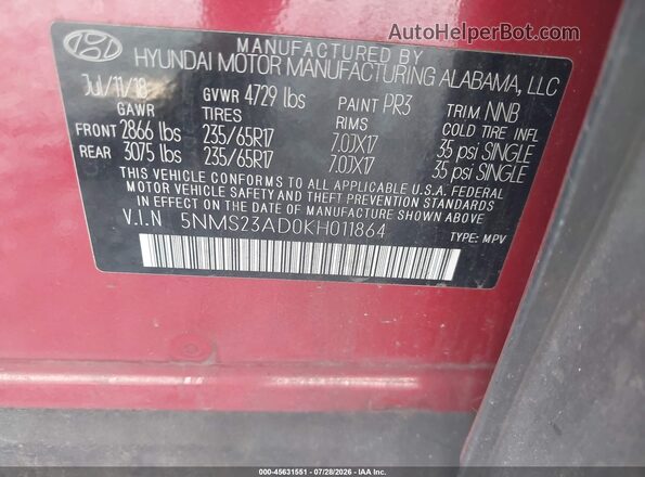 5NMS23AD0KH011864 2019 HYUNDAI SANTA FE Red Widok komory silnika