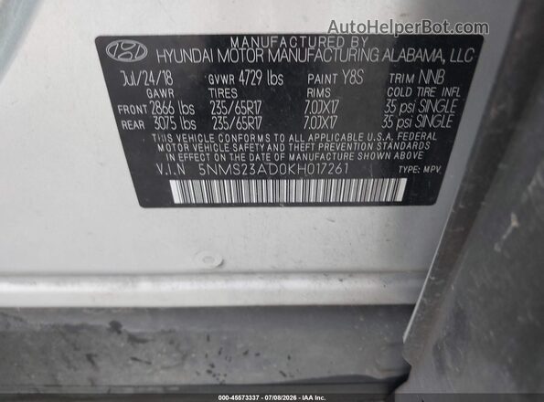5NMS23AD0KH017261 2019 HYUNDAI SANTA FE Silver ძრავის განყოფილების ხედი