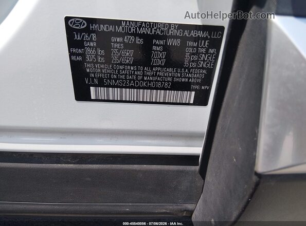 5NMS23AD0KH018782 2019 HYUNDAI SANTA FE White Widok komory silnika