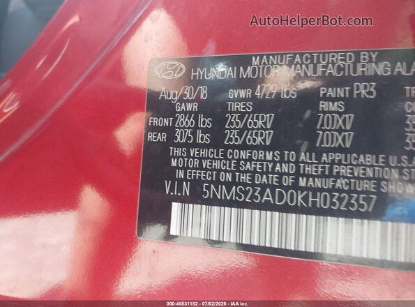 5NMS23AD0KH032357 2019 HYUNDAI SANTA FE Red Вид підкапотного простору
