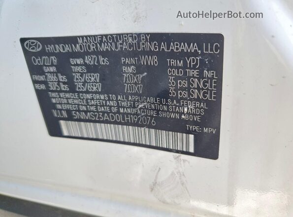 5NMS23AD0LH192076 2020 HYUNDAI SANTA White Vista de la etiqueta del VIN