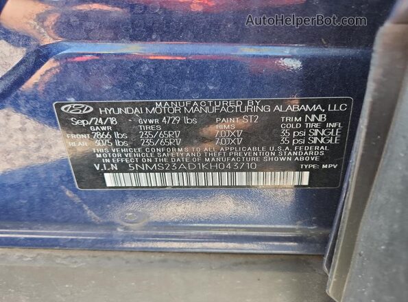 5NMS23AD1KH043710 2019 HYUNDAI SANTA Blue სალონის 360-გრადუსიანი ხედი