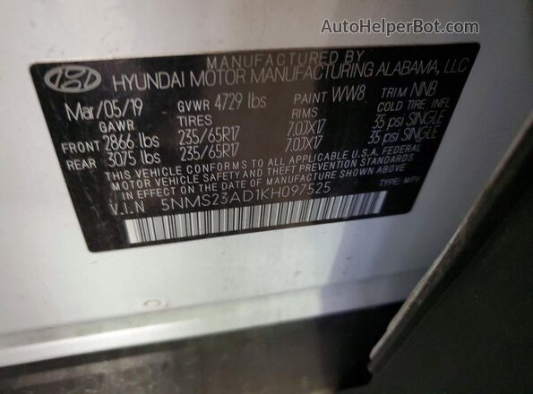 5NMS23AD1KH097525 2019 HYUNDAI SANTA White VIN sticker view
