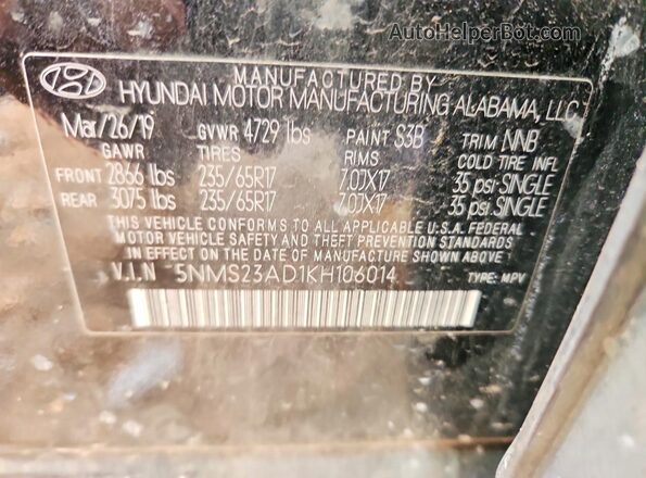 5NMS23AD1KH106014 2019 HYUNDAI SANTA Black Widok wnętrza 360 stopni