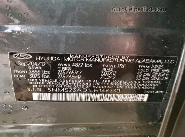 5NMS23AD1LH169230 2020 HYUNDAI SANTA Gray Вид наклейки з VIN-кодом