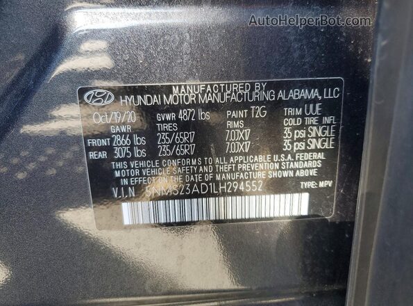 5NMS23AD1LH294552 2020 HYUNDAI SANTA Gray Widok naklejki z numerem VIN