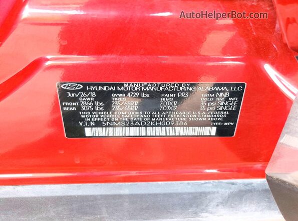 5NMS23AD2KH009386 2019 HYUNDAI SANTA Red Vista de la etiqueta del VIN