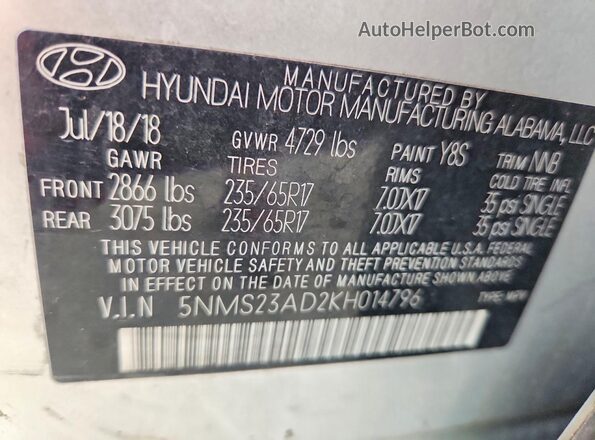 5NMS23AD2KH014796 2019 HYUNDAI SANTA Серый Вид наклейки с VIN-кодом
