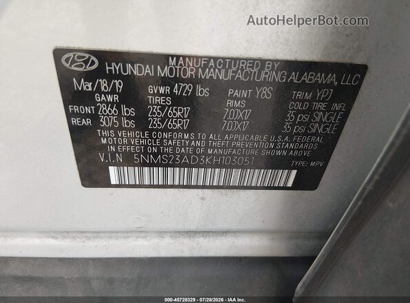 5NMS23AD3KH103051 2019 HYUNDAI SANTA FE Серебряный Вид подкапотного пространства