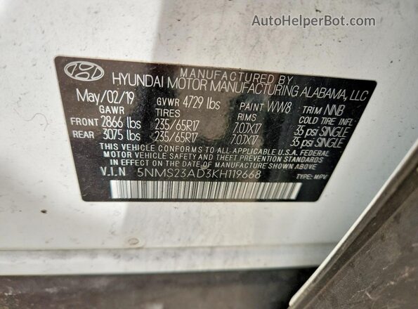 5NMS23AD3KH119668 2019 HYUNDAI SANTA White VIN sticker view