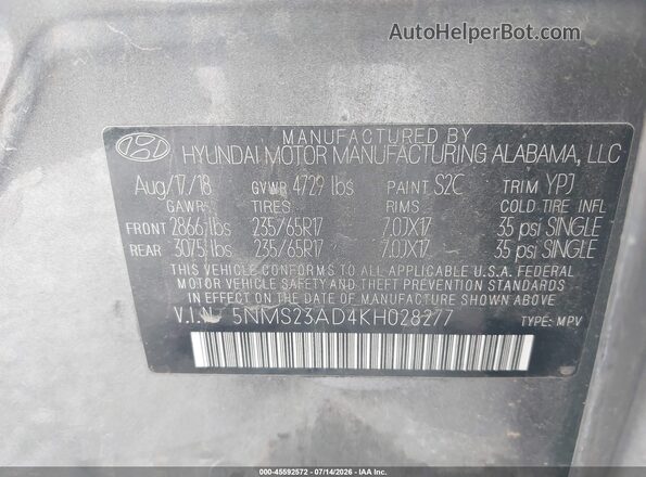 5NMS23AD4KH028277 2019 HYUNDAI SANTA FE Gray Շարժիչի բաժամունքի տեսք