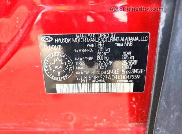 5NMS23AD4KH047959 2019 HYUNDAI SANTA Red Widok naklejki z numerem VIN