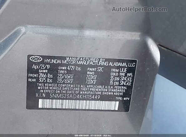 5NMS23AD4KH115449 2019 HYUNDAI SANTA FE Gray ძრავის განყოფილების ხედი