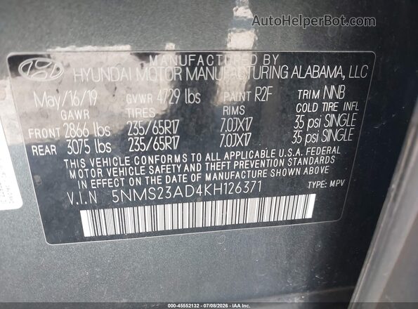 5NMS23AD4KH126371 2019 HYUNDAI SANTA FE Gray Engine compartment view