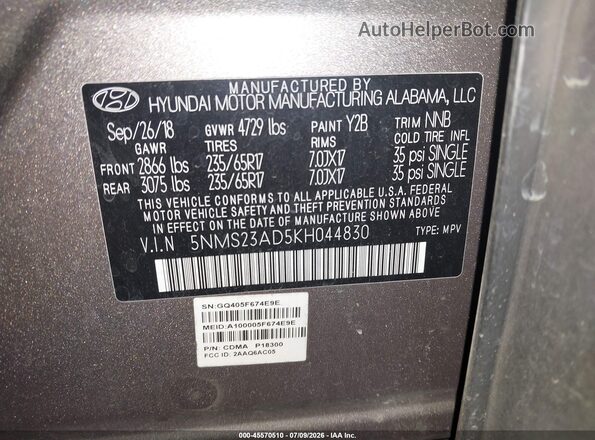 5NMS23AD5KH044830 2019 HYUNDAI SANTA FE Gray ძრავის განყოფილების ხედი