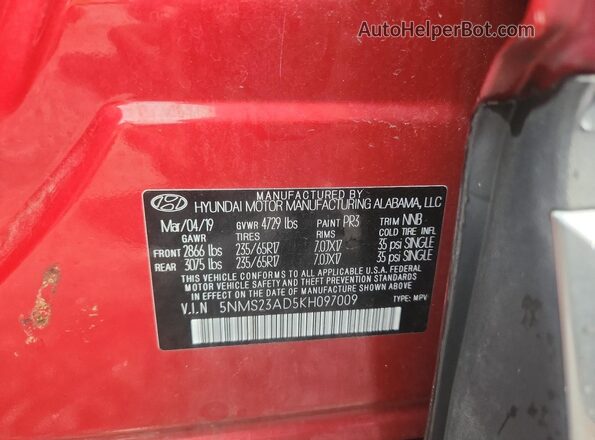 5NMS23AD5KH097009 2019 HYUNDAI SANTA Red VIN კოდის სტიკერის ხედი