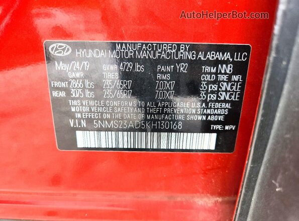 5NMS23AD5KH130168 2019 HYUNDAI SANTA Orange Widok naklejki z numerem VIN