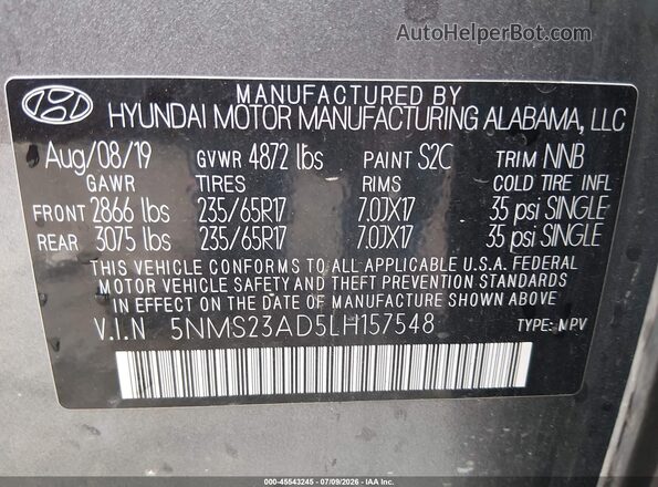 5NMS23AD5LH157548 2020 HYUNDAI SANTA FE Gray ძრავის განყოფილების ხედი