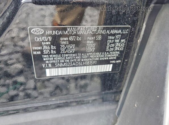 5NMS23AD5LH181591 2020 HYUNDAI SANTA Black Вид наклейки з VIN-кодом