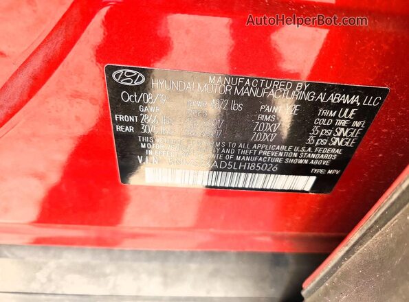 5NMS23AD5LH185026 2020 HYUNDAI SANTA Red VIN կոդի պիտակի տեսք