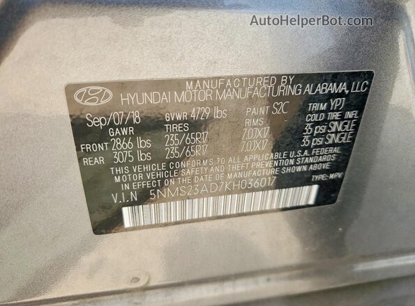 5NMS23AD7KH036017 2019 HYUNDAI SANTA Серый Вид наклейки с VIN-кодом