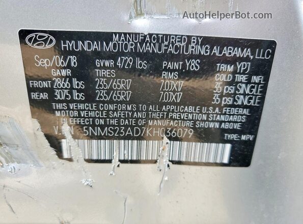 5NMS23AD7KH036079 2019 HYUNDAI SANTA Silver Շարժիչի բաժամունքի տեսք
