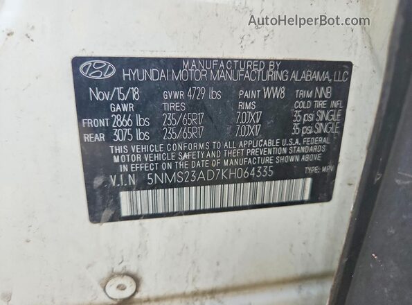 5NMS23AD7KH064335 2019 HYUNDAI SANTA White Widok naklejki z numerem VIN