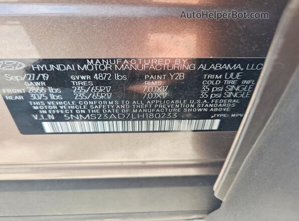 5NMS23AD7LH180233 2020 HYUNDAI SANTA Tan Vista interior de 360 grados