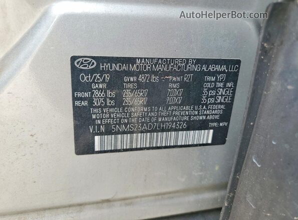 5NMS23AD7LH194326 2020 HYUNDAI SANTA Silver VIN sticker view