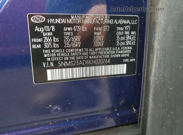 5NMS23AD8KH020764 2019 HYUNDAI SANTA Blue VIN կոդի պիտակի տեսք