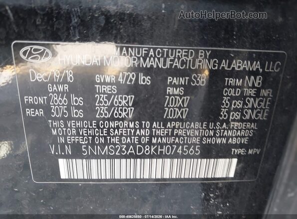 5NMS23AD8KH074565 2019 HYUNDAI SANTA FE Black Engine compartment view