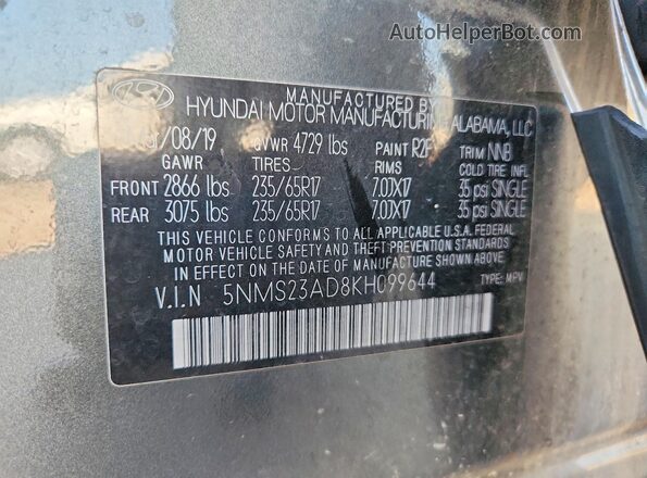 5NMS23AD8KH099644 2019 HYUNDAI SANTA Gray Engine compartment view