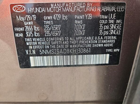 5NMS23AD8KH130861 2019 HYUNDAI SANTA Brown Widok naklejki z numerem VIN