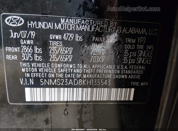 5NMS23AD8KH135543 2019 HYUNDAI SANTA FE Black Вид підкапотного простору