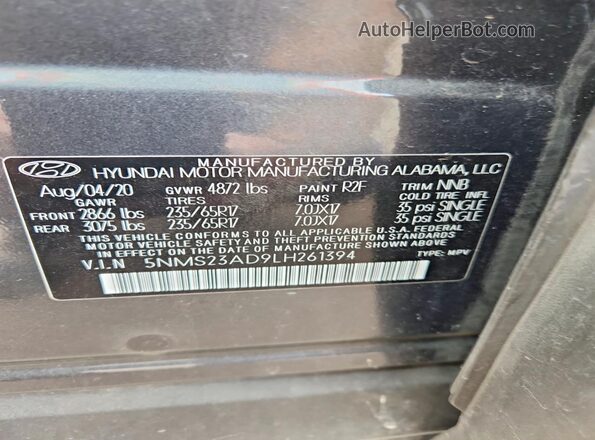 5NMS23AD9LH261394 2020 HYUNDAI SANTA Gray Շարժիչի բաժամունքի տեսք